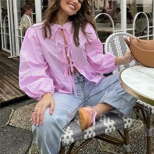 Camicette femminile 2024 Spring Girls Sweet Pink Stripla a strisce Shirt femmina Summer Eleganti camicie a filo allacciata Donna Chic Solid O Neck