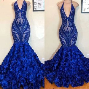 Floral Ruffles Seksi Kraliyet Mavi Denizkızı Prom Elbiseler Dikiş Sapıkları Dantel Aplikler Halter Akşam Partisi önlükleri
