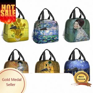 Pintura a óleo de Claude Met Print Print Lunchag Kiss By Gustav Klimt Picnic Bags Van Gogh Starry Night Lanch Box Bacs de armazenamento de comida H5ny#