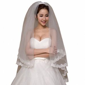 Kyunovia 2 Tier Bridal Veil Beautiful White Cathedral Short Wedding Veils Lace Edge with Comb Bride Veils A00187 O8PO＃