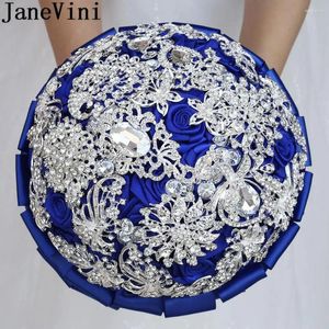 Fiori del matrimonio Janevini Blingling Silver Crystals Bridal Bouquet Royal Blue Rose Lussuoso Diamond Diamond Bride Bitta