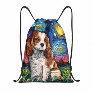 Cavalier King Charles spaniel evcil hayvan portreleri sanat çizme sırt çantası kadın erkekler spor spor salonu sackpack katlanabilir köpek eğitim çantası çuval z3mb#