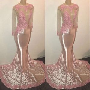 Långa ärmar eleganta besättningsapplikationer prom party klänningar rosa sjöjungfru svep tåg afton klänningar skräddarsydda