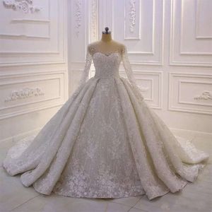 Wedding Ball Gown Dresses Jewel Neck Beaded Appliqued Long Sleeve Lace Bridal Gowns Vintage Plus Size Robes De Soiree S