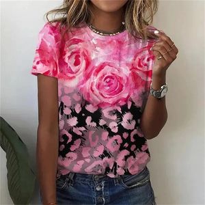 Womens Tshirts Summer Fashion 3D Flowers Print Kort ärm Topp Kvinnliga kläder Överdimensionerade Tees Harajuku Graphic T Shirts 240416