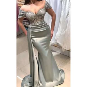Aso Ebi Arabic Plus Size Grey Mermaid Sexy Evening Dresses Lace Beaded Satin Prom Formal Party Second Reception Gowns