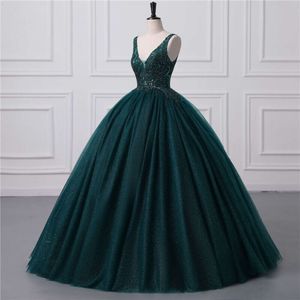 Grön glansig mörk paljett tulle quinceanera klänningar sexig rygglös v halsboll klänning kväll prom klänningar med korsett tillbaka bm s