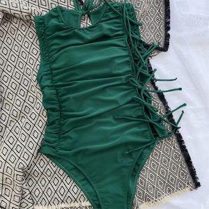 Women's Swimwear Retro Green Bikini Pleated Swimsuit Ruched Strappy Lace Up Cut Out Monokini Elegant Women Beachwear Bikinis Bathing Set