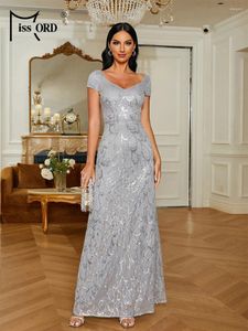 Abiti per feste Missord Elegante abito da sposa con paillettes grigio Donne V CORCHE manica corta A-Line lunghe lunghezza abito da ballo lungo