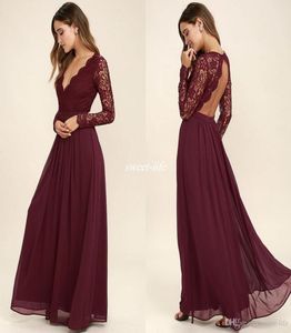 Burgundy Şifon Nedime Elbiseleri Uzun Kollu Batı Ülke Tarzı Vneck Düğün Partisi Elbiseler Arka Çıkmaz Uzun Plaj Düğün Gu9687793