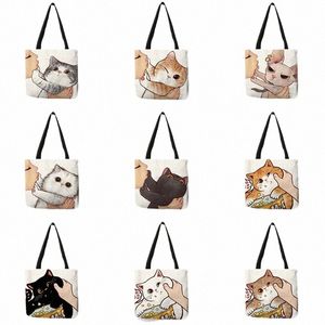 funny Cute Kissing Cat Print Casual Tote Bag Eco Linen Cloth Handbag Women Ladies Large Reusable Shop Bag for Outdoor Beach 02KM#