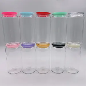 Unbreakablea 16oz Clear 플라스틱 캔 컵 아크릴 텀블러 재사용 가능한 BPA 프리 메이슨시피 컵 콜드 주스 jar 커피 여행 머그 컬러 뚜껑이있는 UV DTF 랩