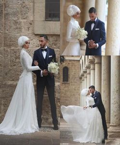 Billiga muslimska en linje bröllopsklänningar långa ärmar full spets brudklänningar hög krage arabisk rode de mariage4583681