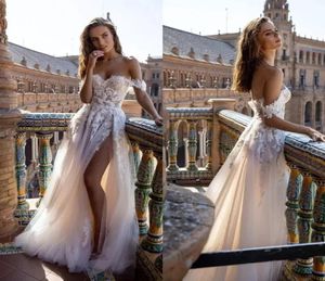 A CACCIO DELLA LINEA CHE MADERE IL PACCIO APPLICATO SEXY OFF THE SHOHO Abiti da sposa Boho spazzano il treno a fessura laterale più backless bohémien Bride F5197466