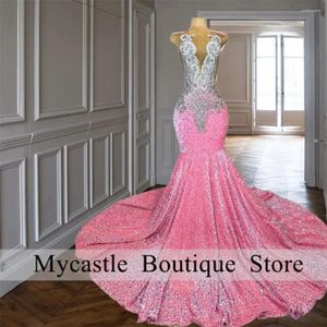 Party Dresses Glitter Bling Pink Sequins Mermaid Prom For Black Girls 2024 Luxury Diamonds Crystals Gowns Graduation Dress