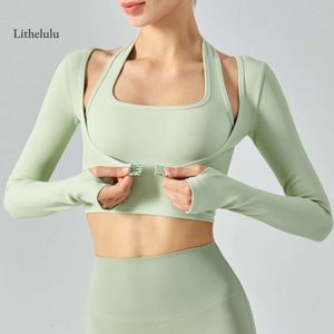 Halter Neck Align Lu Women Fiess T Shirts Long Sleeve Gym Yoga Dry Crop Tops with Bra Sports Tee Bodybuilding ops ee Lemon Gym Running
