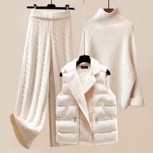 2 piece set women Winter Warm 3 Piece Set Women Pullover Sweater Wide Leg Pants Lamb Wool Vest Knitted Suit Tracksuit Womens Clothes 220906