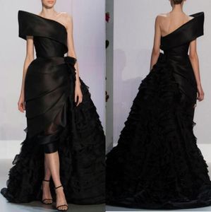 Unique Design Black Evening Gowns 2016 One Shoulder Ruched Satin High Low Prom Dresses Tiered Ruffles Sweep Train Arabic Formal Pa6331534