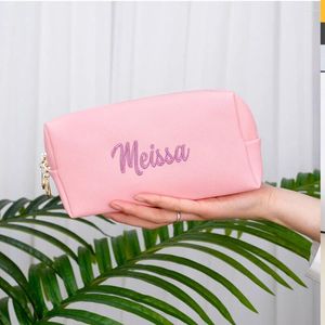 Cosmetic Bags Embroidered Name Solid Color Makeup Bag Personalized Women's Handheld Bridesmaid Wedding Gift Travel Toilet