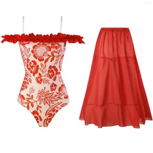 Kącik kąpielowy dla kobiet z bikini maxi spódnice 2 kwiatowy nadruk moda kostium kąpielowych set set klatki piersiowej damski