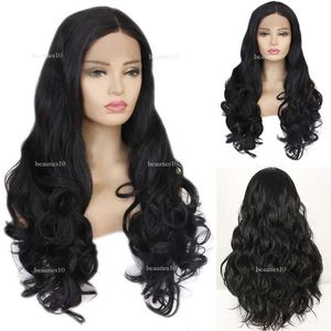 Natural Hairline Soft Black Deep Wavy Human Synthetic Lace Front Wigs With Baby Hair Heat Resistant Middle Part Cheap Wig Fashion Women