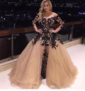 Sheer Neck Champagne Prom Dresses Ruffles Puffy Full Length Robe De Soiree Black Lace Appliques Evening Gowns Sleeves with Detacha8670752