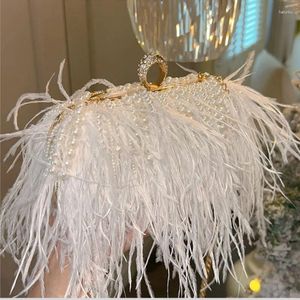 Drawstring Ostrich Fur Clutch Bags Women Pearl Purse Ladies White Handbag Evening Bag For Party Wedding Black Shoulder Bolsa Feminina