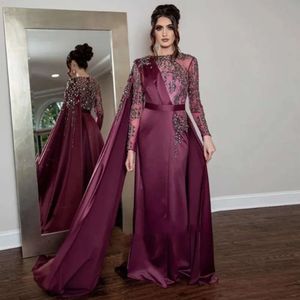 Grape Arabic Evening Dresses with Cape Long Sleeve Beaded Crystal Muslim Kaftan Formal Gown Satin A Line Middle East Prom Wear