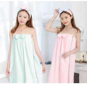 Handduk Flanell Bowknot Women Bath Robe Bathrobe Body Spa Bow Wrap Headband Set Super Absorbent Gown