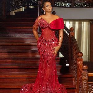 Plus Size Arabic Aso Ebi Red Luxurious Mermaid Formal Prom Dresses Beaded Crystals Sheer Neck Evening Formal Party Second Reception Gowns