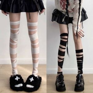 Sexy Socks 1PC Lolita Bandages Black/White Thin Jk Uniform Cross Straps Long Knee Length Stockings Gothic Sexy Women Tights Bottom Stocking 240416