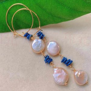 Dangle Earrings 12-13mm Fashion Pale Pink Flat Pearl Lapis Lazuli Gold Bridal Hoop Men Teens Wedding Everyday Party Casual Art Custom