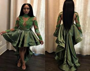 Emerald Green Black Girls High Low Prom Dresses 2018 Sexig Se genom Appliques Sequin Sheer Long Sleeves Evening Clows Cocktail 5805873