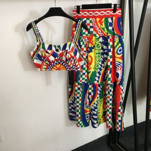 Vintage Print Two Piece Dress Set för Women Summer Runway Designer Spaghetti Strap Crop Top och Long Kirt Suit Semesterstranddräkt