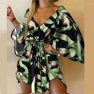 Casual Dresses Sexy Women Mini Dress Fashion Floral Print V Neck 3/4 Bat Sleeve Lace Up Irregular Hem Loose Beach Cover Vestido