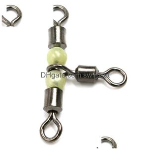 100 Pieces/Lot 3 Way Fishing Swivels Luminous Cross Line Rolling Swivel With Glow Beads Stainless Saltwater Hook Connector Drop Deliv Dhgcx