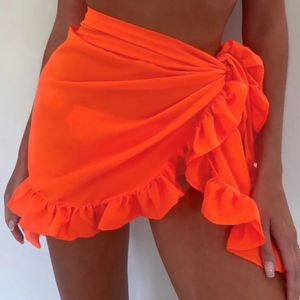 Mesh mini ruffle kjolar kvinnor täcker tofs klänning bikini solid badkjol kvinnor badkläder pareo scarf beachwear wrap 240416