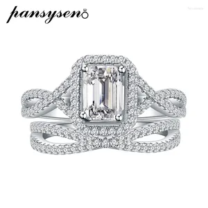 Cluster Rings Pansysen Luxury 925 Sterling Silver Emerald Cut High Carbon Diamond Bridal Ring Set for Women Wedding Party Fine Jewelry Gift