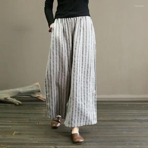 Pantaloni da donna in lino casual Ladies a strisce larga tasca in alto.