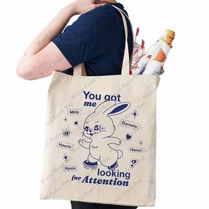 cute Rabbit Pattern Canvas Shop Bag, Letter Print Portable Shoulder Bag, Fi Large Capacity Tote Bag For Daily Life 39om#