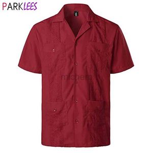 Men's Casual Shirts Wine Red Four-Pocket Cuban Guayabera Shirt Men Short Sleeve Camp Collar Male Embroidered Mexican Cigar Wedding Beach 240416