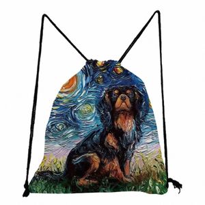 starry Sky Oil Painting Dog Print Drawstring Pocket Gift New Fi Backpacks for Students Travel Portable Shoes Bag Book Bags q23y#