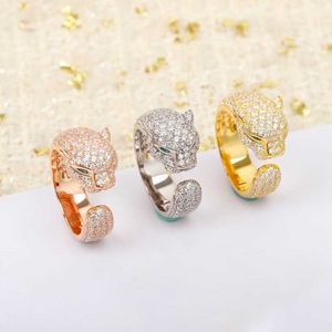 Kortring Precision High Board Cheetah Full Diamond Leopard Head Open Ring för par 18K Rose Gold Light Luxury Fashion Ring
