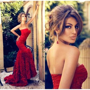Sexy Strapless Red Tiered Pleats Lace Appliqued Beaded Mermaid Evening Formal Party Dresses Prom Pageant Gowns Ba1546