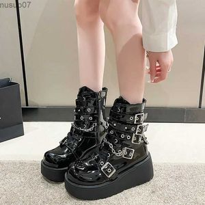 Boots mode Big Size 40 Black Gothic Motorcycle Boots Zip High Heel Punk Chunky Platform Mid-Calf Women Boots Shoes Womenl2404