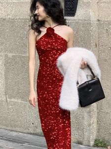 Casual Dresses Women's Sparkling Sequin Velet Dress Sleeveless Bodycon French Vintage Luxury Slim Wrapped Evening Party Vestidos Mujer
