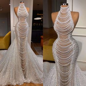 Haute Saudi -Arabien Couture Mermaid Hochzeitskleid Illusion Volle funkelnde Perlen Perlenbrautkleider Braut Prinzessin Berühmtheit