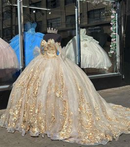 2024 Off the Shoulder Tulle Cape Quinceanera Dresses Champagne Long Train Corset Sweet 16 Aqua Prom Bowns