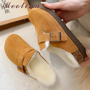 Casual Shoes Meotina Kvinnor äkta läderlägenheter Rund tå Wool Platform Buckle Cow Suede Warm Ladies Fashion Winter Maroon 40