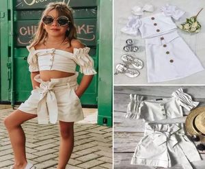 INS Baby girls summer white outfits 2020 new Baby kids dew shoulder puff short sleeve shirtBows shorts skirt 2pcs sets A22625535126